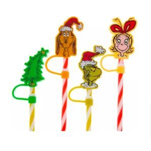 New Striped Straws With Grinch Cindy Lou Who Max Toppers Set 4pc